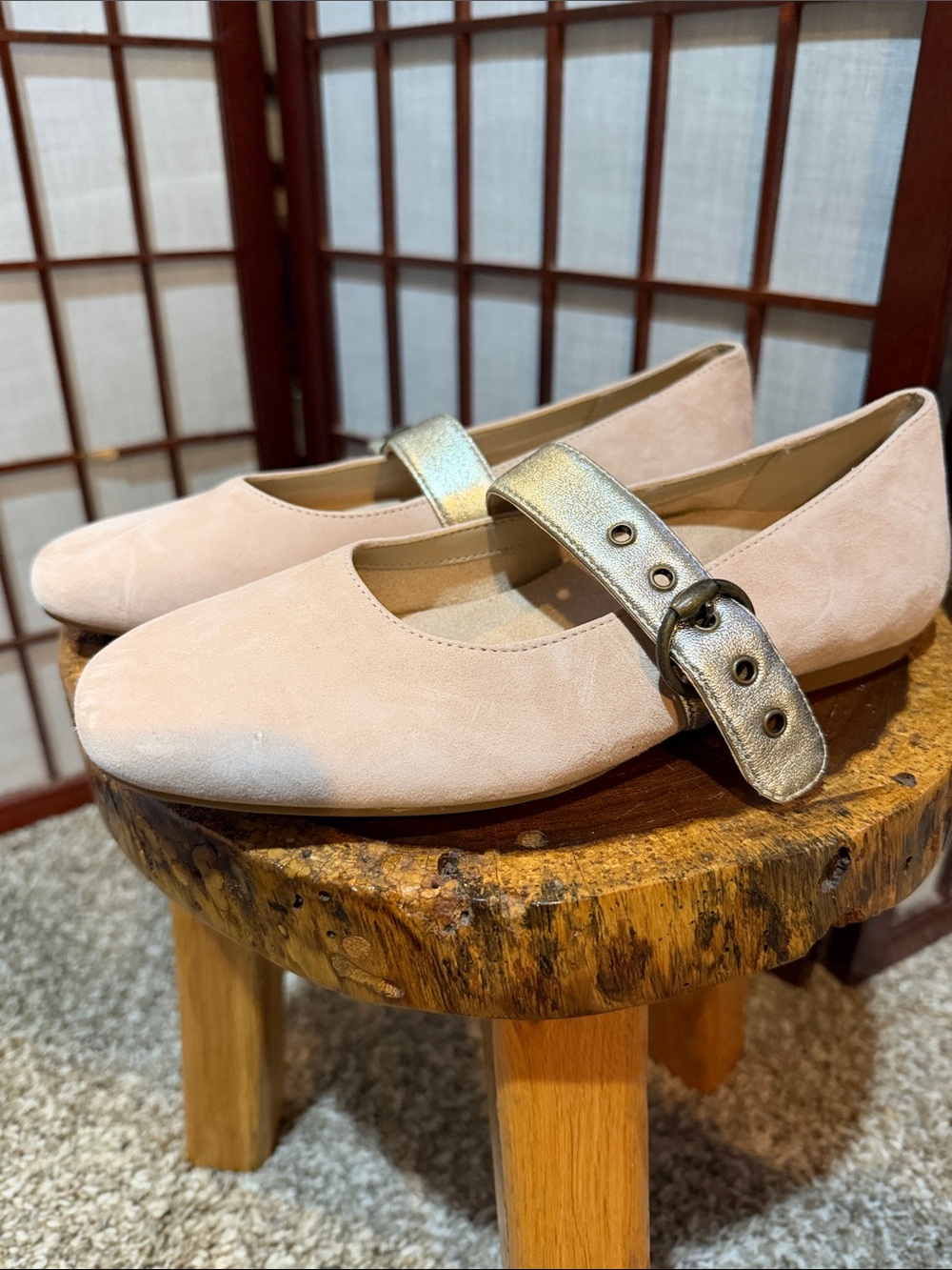 Vionic Hattie Blush Pink Suede Mary Jane Flats with Metallic Bronze  Strap